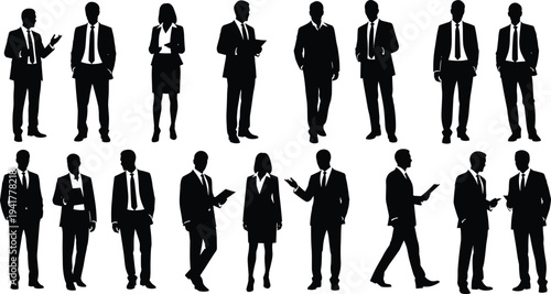 PrintSet of professional business people silhouettes in formal suits standing and walking poses