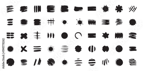 Collection of Black Ink Splats, Circles, Crosses and Textured Shapes