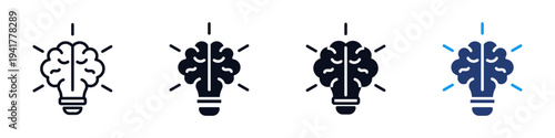 Creative lightbulb icon with a brain symbol, Brain light bulb icon set representing human intelligence, brainstorming, creative thinking, innovation and smart ideas in outline and colored styles.