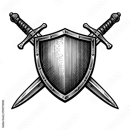 Majestic medieval shield emblem featuring two classic crossed swords, expertly rendered in a striking vintage woodcut or engraved artistic style. This powerful symbol of defense, honor, and ancient wa