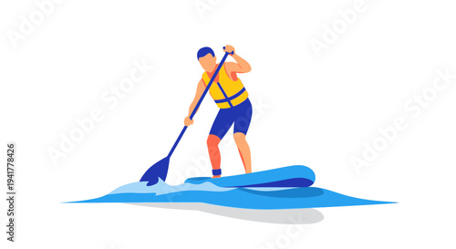 Man paddleboarding on calm waters with blue waves