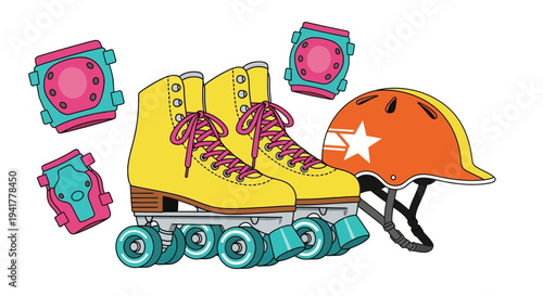 Vibrant roller skates and protective gear for fun activities