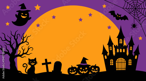 Halloween Background with Haunted Castle, Pumpkins, and Full Moon over Purple Striped Sky - Spooky Vector Illustration for Holiday Greeting Cards and Party Decorations