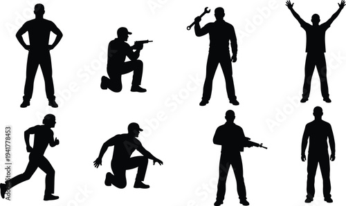 PrintCollection of male silhouettes in various poses including running kneeling working and tactical actions