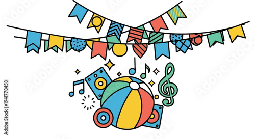 Vibrant party decorations with colorful flags and beach ball