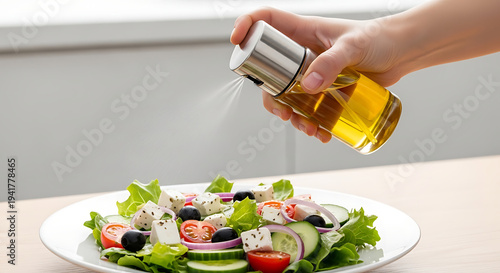 Female hand using cooking oil spray bottle to dress a fresh healthy greek salad on a white plate, diet and healthy eating concept, copy space. Photography.