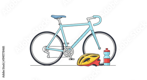 Modern bicycle with helmet and water bottle for fitness and travel