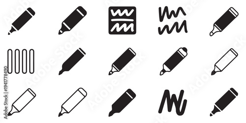 Set of black marker and highlighter icons with ink strokes isolated on white background