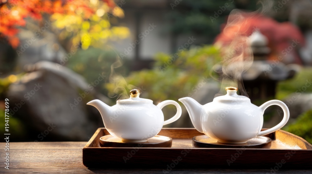 Fototapeta premium Elegant Porcelain Teapots and Teacups in Garden Setting