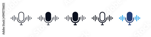 podcast icon set with Microphone icon and audio sound waves representing podcasting, voice recording, broadcasting, voice communication and podcast media.