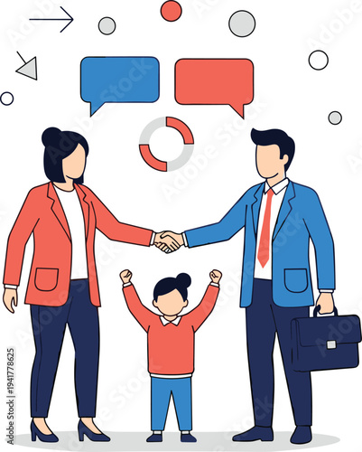 Flat vector illustration of a businessman and businesswoman shaking hands over a child for mediation or legal agreement concepts