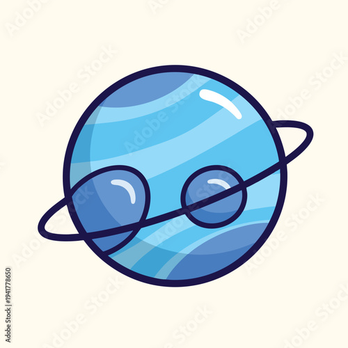 A cartoon planet with a blue color scheme, featuring an equatorial ring and two large, round features on its surface