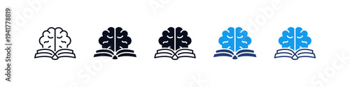 Knowledge icon set, Brain and open book icons representing education, learning, knowledge development education, wisdom, human intelligence, learning, and intellectual growth in outline and solid