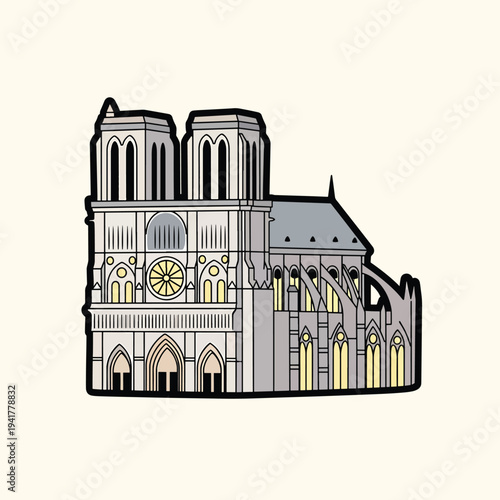 A cartoon illustration of a grand architectural structure with towering spires, intricate facade, and detailed stained glass windows