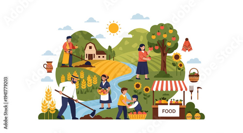 Sustainable Farm Life Illustration: Happy Farmers Harvesting Produce, Wheat, and Apples in a Community Village Scene with Local Food Market.