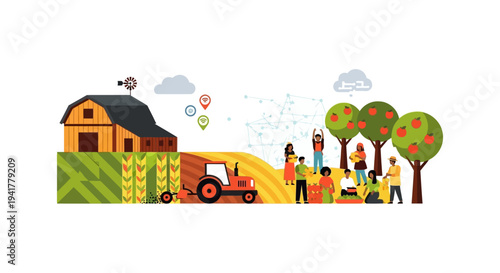 Smart Farming and Digital Agriculture Illustration with Diverse Farmers, Tractor, and Barn.