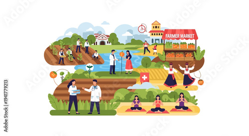 Holistic Community Ecosystem: Health, Agriculture, and Wellness. Flat Vector Illustration of Sustainable Living, Doctors, Farmers, and Yoga.