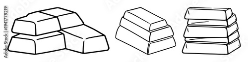 Gold bullion bars set with flat vector icon of a stack of gold bullion bars featuring wealth, investment, minimalist, 2D and gold