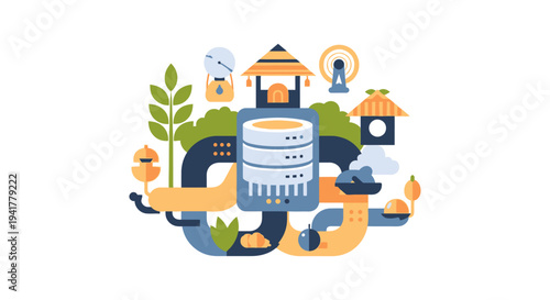Smart Farm Data Management and IoT Illustration. Database Server Integrated with Agricultural Technology and Nature.