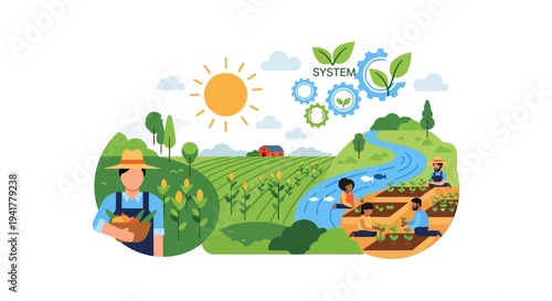 Sustainable Farming System Illustration: Community Agriculture, Smart Technology, and Ecosystem Balance on a Modern Farm Landscape.