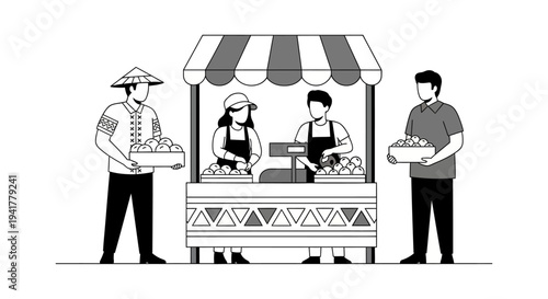 Black and White Line Art Illustration of Farmers Market Stall with Vendors Selling Fresh Produce and Fruit Boxes