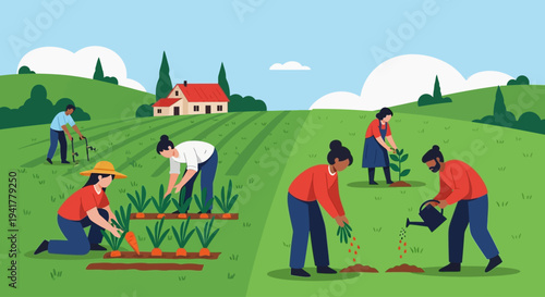 Farming Teamwork Illustration. Diverse People Planting, Harvesting, and Working in a Sustainable Agriculture Field with a Rural House.