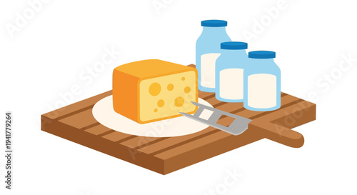 Isometric Dairy Food Illustration: Cheese Block, Milk Bottles, and Slicer on Wooden Cutting Board