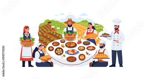 Farm to Table: Farmers and Chefs Serving Fresh, Organic Produce and Prepared Dishes. Local Food Supply Chain Illustration.