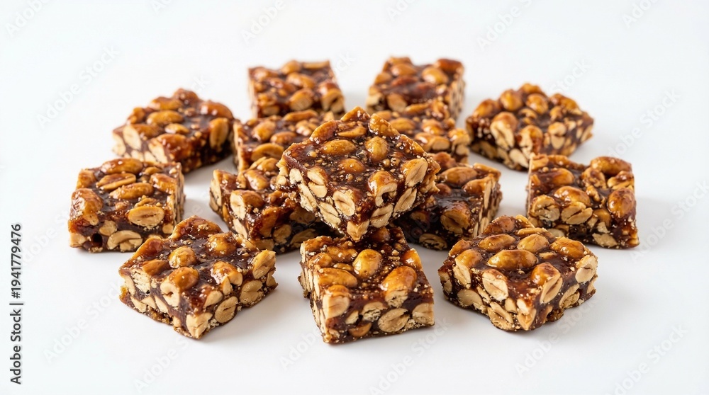 Obraz premium Pile of peanut brittle candy squares on a white background