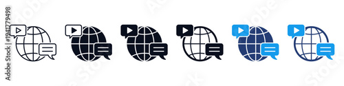 Global media communication icon set with speech bubbles and globe, video play and chat bubbles  iconrepresenting online content sharing, social interaction, social media, and online translation