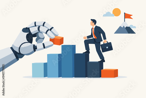 Flat vector illustration of a robotic hand stacking blocks to create a staircase for a businessman, symbolizing AI assistance, career development, automation, and reaching professional goals.