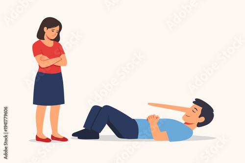 Vector Illustration of a Sad Woman Looking at a Man with a Long Pinocchio Nose Lying on the Ground, Concept of Dishonesty, Deception, Betrayal, and Untrustworthiness in a Relationship or Marriage.
