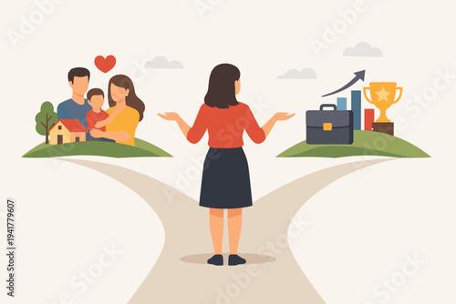 Woman Standing at Crossroads Choosing Between Family Life and Professional Career Success, Flat Vector Illustration of Work-Life Balance Dilemma with Icons of Home, Family, and Business Growth.