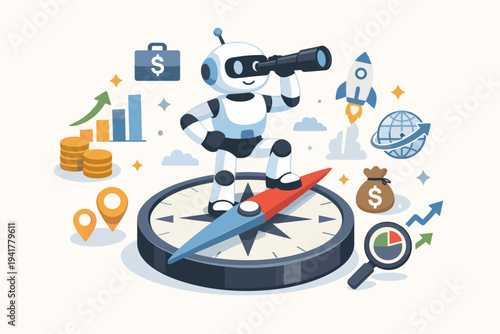 Robot standing on a compass looking through a telescope for financial opportunities, business growth, investment trends, global market success, artificial intelligence in finance and trading.