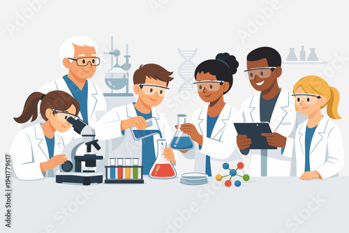 Diverse team of professional scientists and students in white lab coats conducting chemistry experiments in a modern laboratory with microscope, beakers, flasks, and digital tablet. Flat vector.