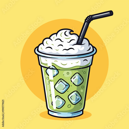 A cartoon illustration of a green drink in a clear glass with ice cubes, topped with whipped cream, and a black straw, with a yellow background