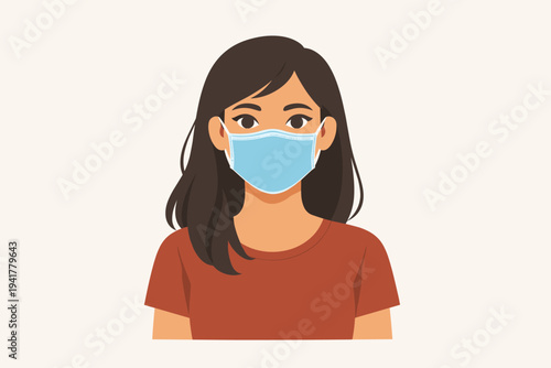Flat Vector Illustration of a Young Woman Wearing a Blue Surgical Face Mask for Protection and Health Safety, Female Character with Dark Hair and Brown Shirt, Pandemic Prevention and Flu Concept