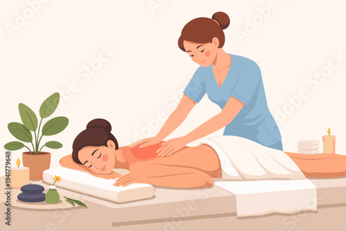 Vector illustration of a woman lying on a table while a therapist performs a healing massage on her sore back, professional wellness treatment in a relaxing spa with candles and stones.