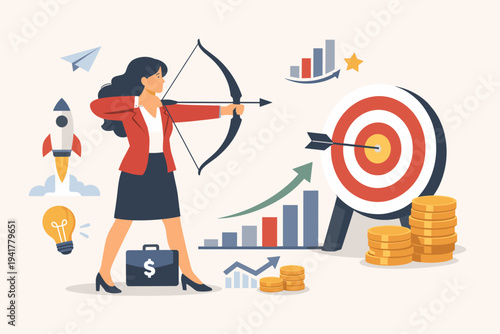 Ambitious businesswoman aiming a bow and arrow at a bullseye target for financial success. Concepts of business growth, strategy, achievement, and investment with rocket, coins, and bar charts.