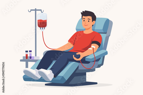 Young man sitting in a medical chair donating blood at a clinic, flat vector illustration of a volunteer giving blood with IV stand and blood bag, healthcare concept for charity and medicine.