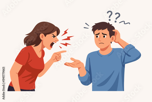 Angry Woman Screaming and Pointing Finger at Confused Upset Man in Flat Vector Illustration. Concept of Relationship Conflict, Domestic Argument, Misunderstanding, and Emotional Stress.