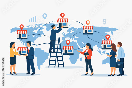 Business people expanding franchise network on global map. Flat vector illustration of entrepreneurs building international retail business with shop icons, location pins, and world map background.