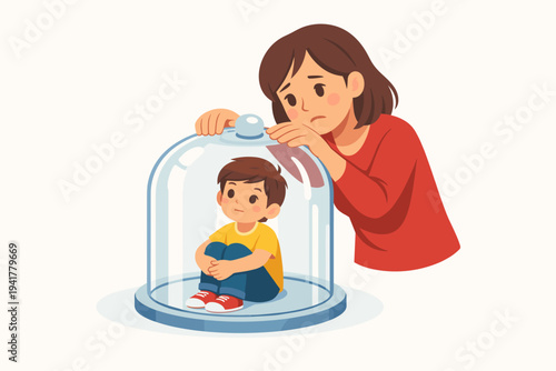 Overprotective Mother Keeping Her Child Inside a Glass Dome Vector Illustration, Concept of Helicopter Parenting, Isolation, Anxiety, and Excessive Protection in a Simple Flat Graphic Art Style