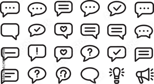 Black and white speech bubbles with various symbols and inside check marks