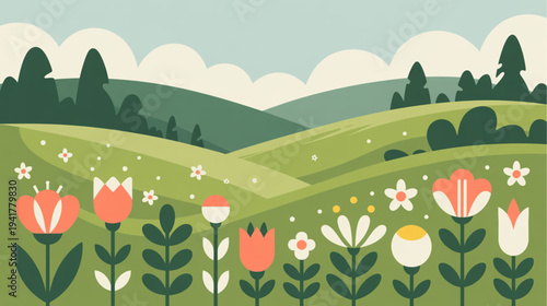 Vector illustration of colorful flowers and rolling hills landscape