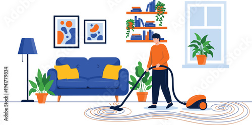 Young man using an orange vacuum cleaner on a patterned rug in a bright modern living room with blue sofa and indoor plants