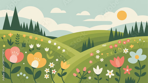 Vector illustration of a colorful spring landscape with flowers, hills, and sunny sky