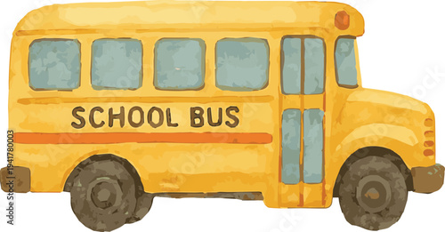 Vector realistic watercolor illustration of a school bus