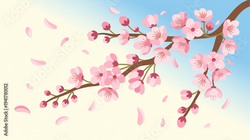Vector cherry blossom branch with pink flowers and petals