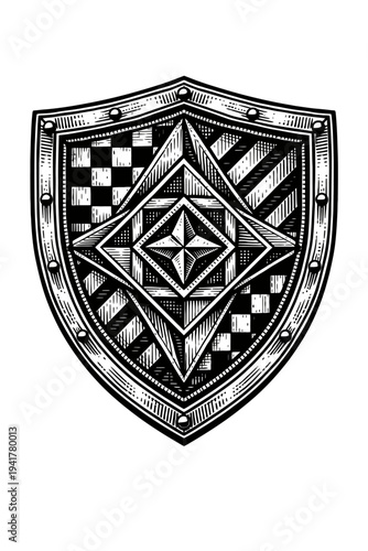 Intricate medieval shield, engraved style, featuring a central star in geometric patterns, checkerboard, diagonal stripes. Black & white woodcut, symbolizing protection, valor, strength. Ideal for fan